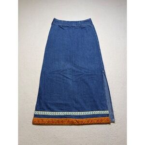Sideout Denim Maxi Skirt Women S Blue Y2K Embroidered Ribbon Trim Side Slit